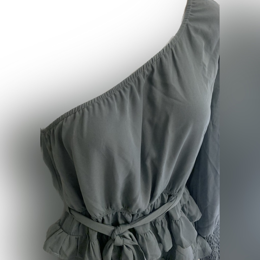 Blue Blush Dress S One Shoulder Ruffled Tiered Smocked cuff Womens 4 6 NEW NWOT - Picture 5 of 7